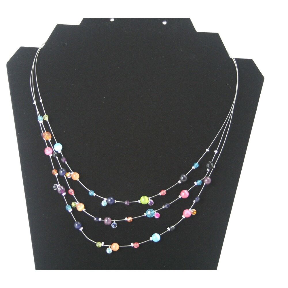 Multicolor Beaded Layered Illusion Necklace Silver Tone Floating Bead 19 Inch
